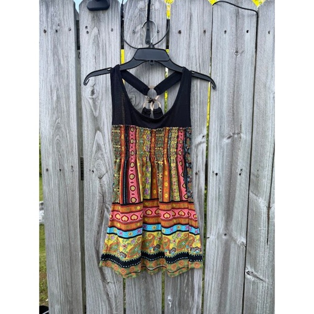 Next Era Couture Womens Boho Paisley Smocked O-Ring Racerback Tank Top Medium